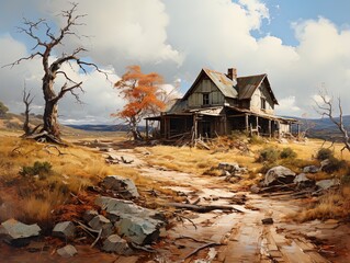 Painting of an old abandoned ranch on the side of a river.
