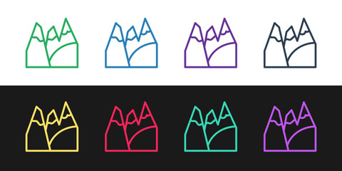 Set line Mountains icon isolated on black and white background. Symbol of victory or success concept. Goal achievement. Vector