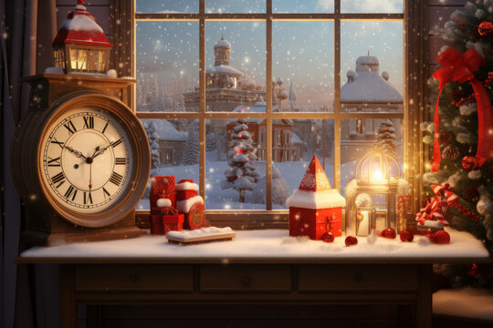 Close up windowsill with Christmas decoration and clock presenting New Year eve