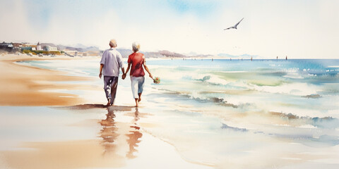 Senior Couple Walking on the Beach Holding Hands at Sunrise, Plan Life Insurance, Anniversary, Travel in Retirement Concept. Watercolour Illustration.