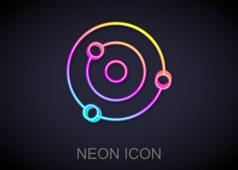 Glowing neon line Solar system icon isolated on black background. The planets revolve around the star. Vector