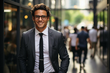 Handsome businessman smiling and standing at the city.