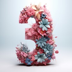 number three decorated with pink and blue flowers. Concept for birthday card or other use. Generative AI