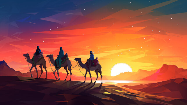 Modern colorful illustration of the Three Wisemen journey to Bethlehem.