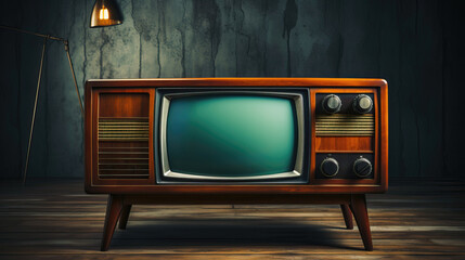 Old vintage wooden television in 70s style