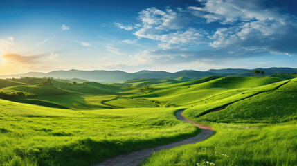 Obraz premium landscape with green field and sky, Natural panoramic spring summer landscape