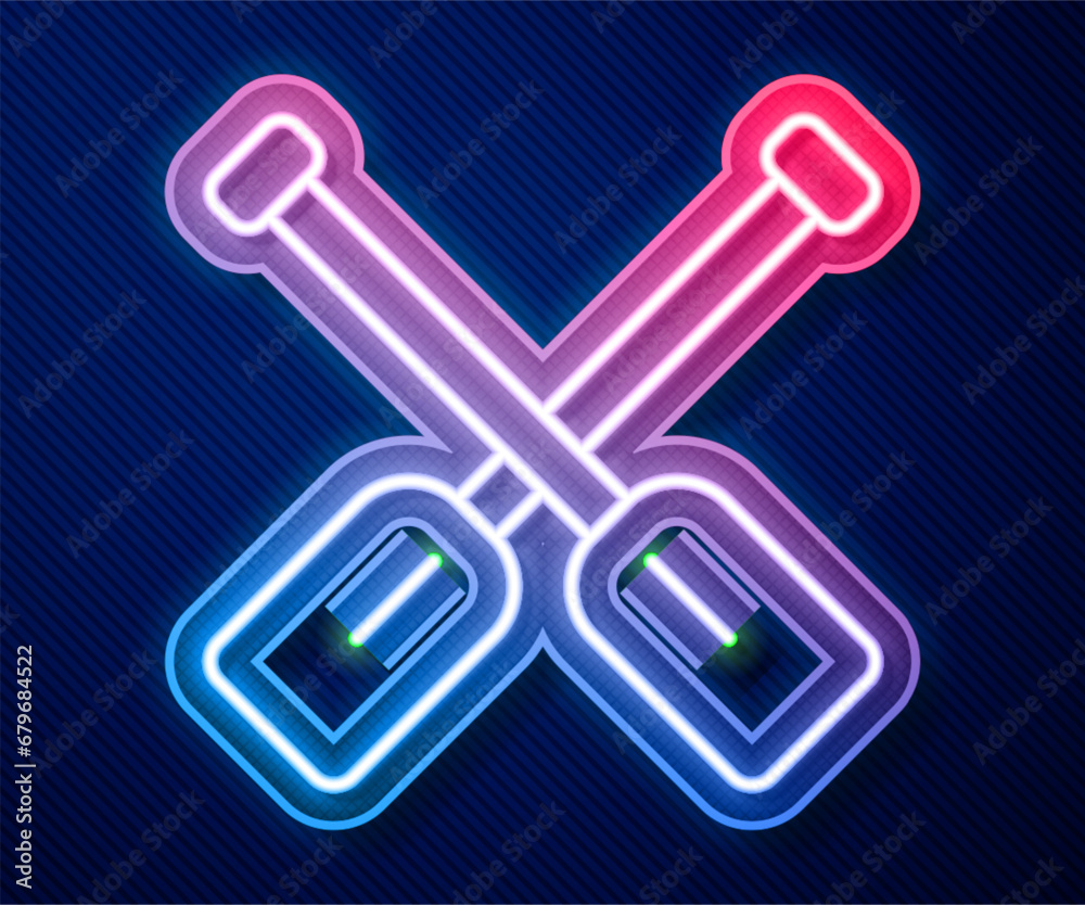 Sticker glowing neon line paddle icon isolated on blue background. paddle boat oars. vector