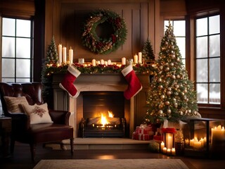  photo of a beautifully decorated fireplace mantel, with stockings hung and a crackling fire spreading warmth and cheer 