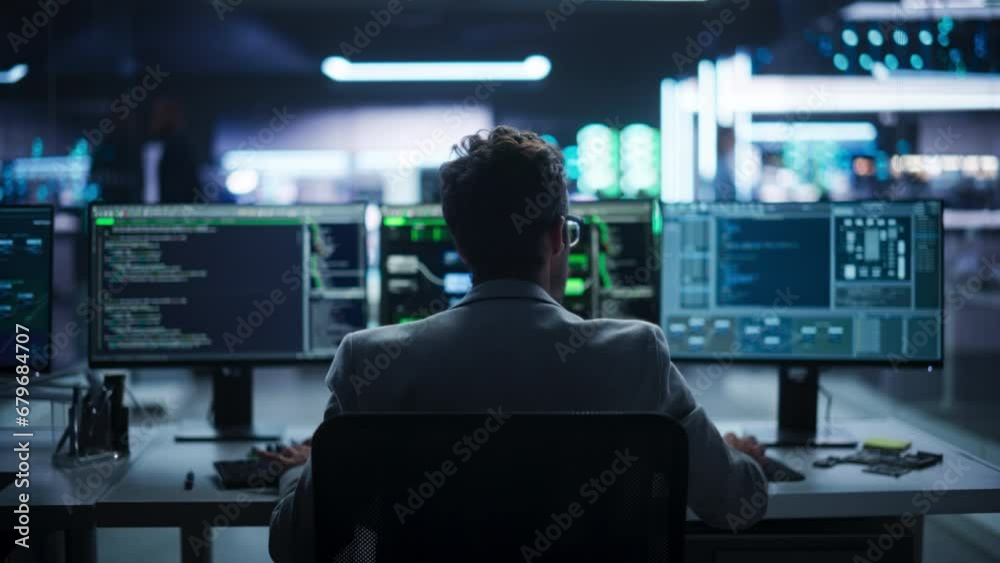Aufkleber Back View of a Young Engineer Working on Computer in a Technological Office Environment. Male Programmer Writing Software Code for a Blockchain Project, Developing Backend System. Zoom Out
