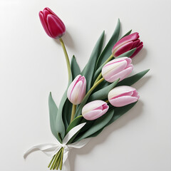 a bouquet of pink tulips tied with a white ribbon