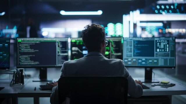 Back View of a Young Engineer Working on Computer in a Technological Office Environment. Male Programmer Writing Software Code for a Blockchain Project, Developing Backend System. Zoom Out