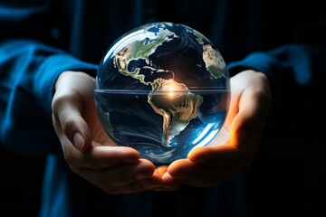 Human hands holding blue earth, save earth concept.