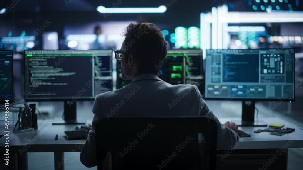 Aufkleber Back View of a Young Engineer Working on Computer in a Technological Office Environment. Male Programmer Writing Software Code for a Blockchain Project, Developing Backend System. Zoom Out
