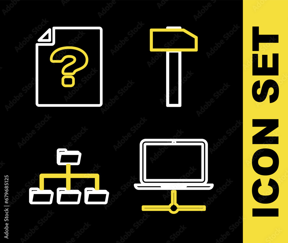 Poster set line hammer, computer network, folder tree and unknown document icon. vector