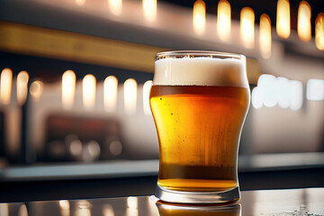 Um copo de cerveja sobre um balcão reluzente de um bistrô.