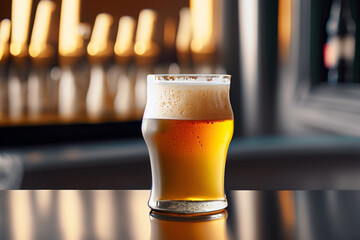 Um copo de cerveja sobre um balcão reluzente de um bistrô.
