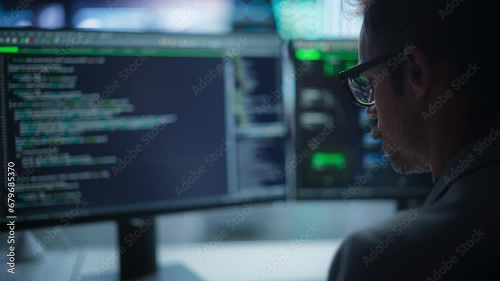 Poster Close Up on Young Creative Manager Using Desktop Computer, Writing Code for an Innovative Technological Internet Product Launch. Enthusiastic Professional Developer Working in Modern Office