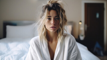 Morning Madness in Dressing Gown and Tousled Hair: Realizing the Impending Virtual Meeting in Disarray - obrazy, fototapety, plakaty