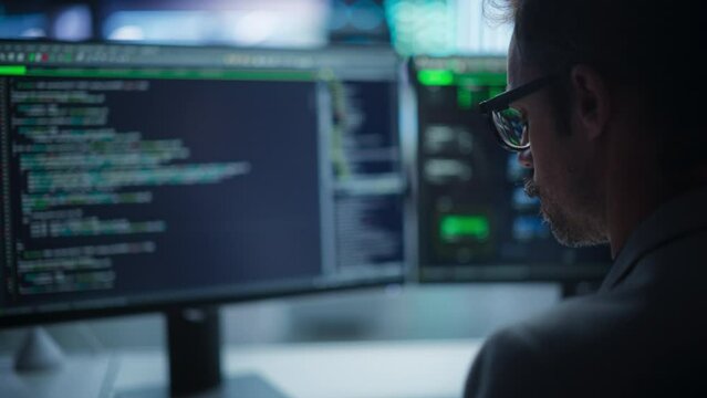 Close Up on Young Creative Manager Using Desktop Computer, Writing Code for an Innovative Technological Internet Product Launch. Enthusiastic Professional Developer Working in Modern Office