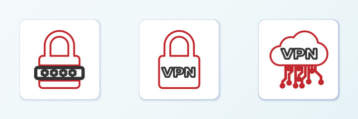 Set line Cloud VPN interface, Password protection and Lock icon. Vector