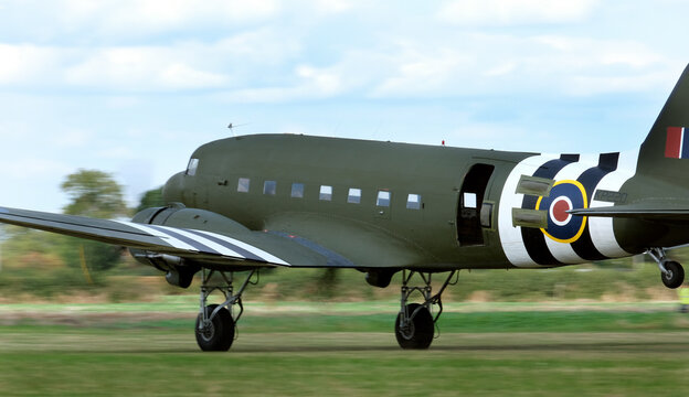 Victory Show, Leicester, UK, September 2023. American C47 Skytrain transport of WW2. Known as the Dakota to the British.