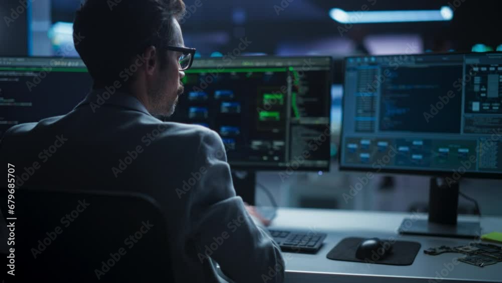 Aufkleber High-Tech Data Center Server Control: IT Specialist Administrator Working on Computer, Screen Showing Big Data AI Analysis and Code. Web Services, Machine Learning, Analytics Facility, Cyber Security