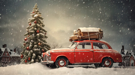 A red car is carrying a Christmas tree, a snowy landscape, and houses. AI Generation