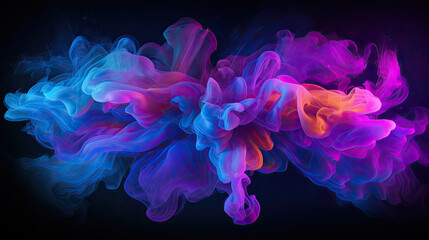 Swirling neon blue and purple multicolored smoke puff cloud design element isolated on black background - obrazy, fototapety, plakaty