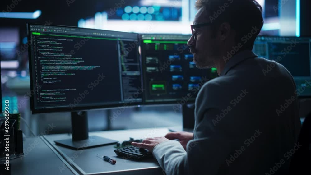 Poster Portrait of Young Creative Manager Using Desktop Computer, Writing Code for an Innovative Technological Internet Product Launch. Enthusiastic Professional Developer Working in Modern Office