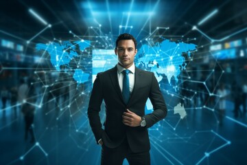 Young attractive businessman with world map in background 