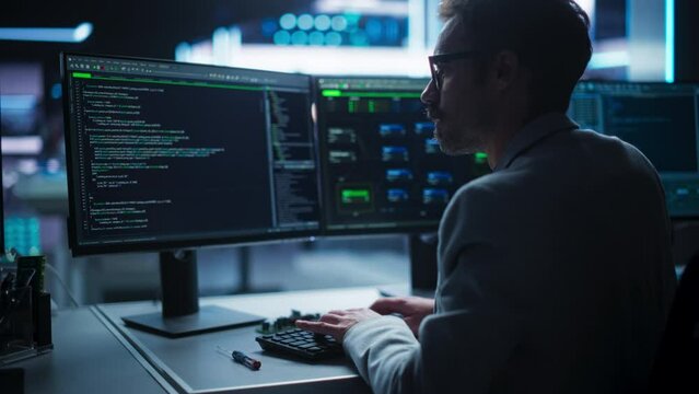 Portrait of Young Creative Manager Using Desktop Computer, Writing Code for an Innovative Technological Internet Product Launch. Enthusiastic Professional Developer Working in Modern Office