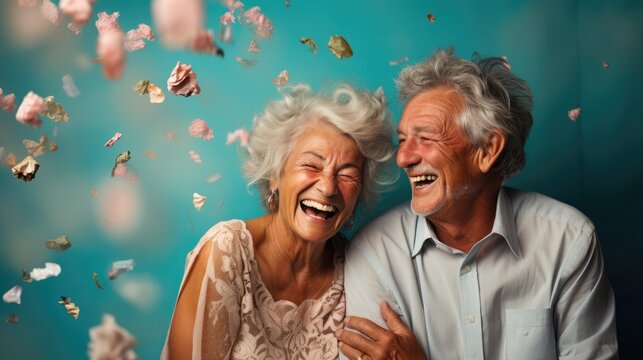  A Man And A Woman Are Laughing And Confetti Is Falling From The Sky Behind Them On A Blue Background.