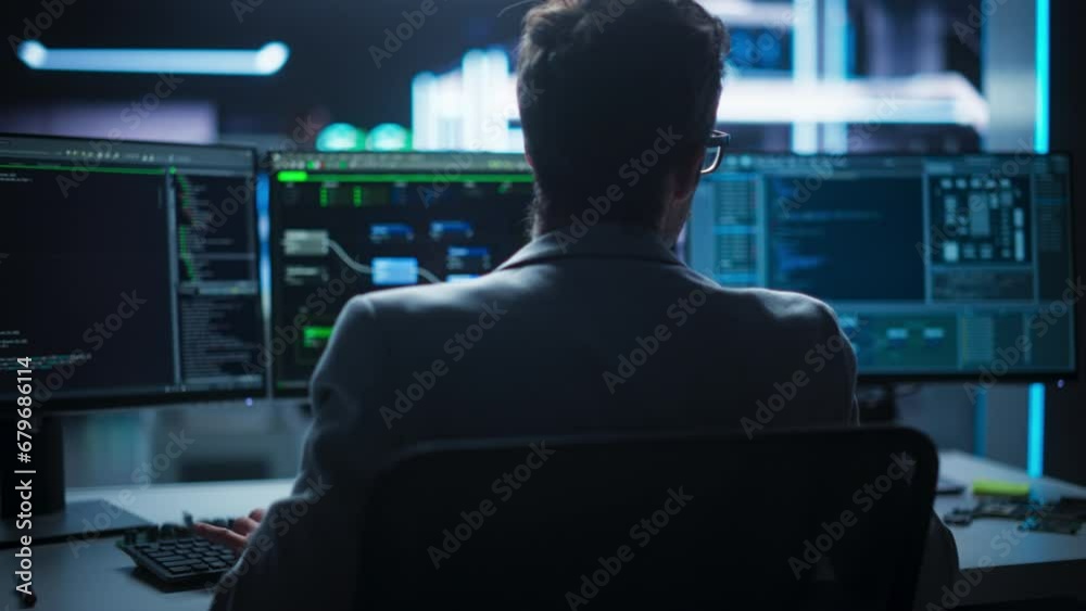 Poster Dynamic, Cinematic Dolly Shot of Male Professional Developer Working in Modern Office: Programmer Using Desktop Computer, Writing Code for an Innovative Technological Internet Product Launch.