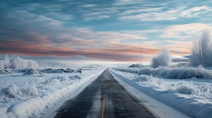 Road in snowy winter day with beautiful landscape