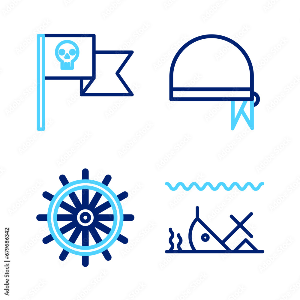 Sticker set line sunken ship, ship steering wheel, pirate bandana for head and flag with skull icon. vector