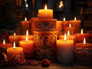 Decorative candles are being lit. Various sizes and decorations. Used for a ceremony or event.