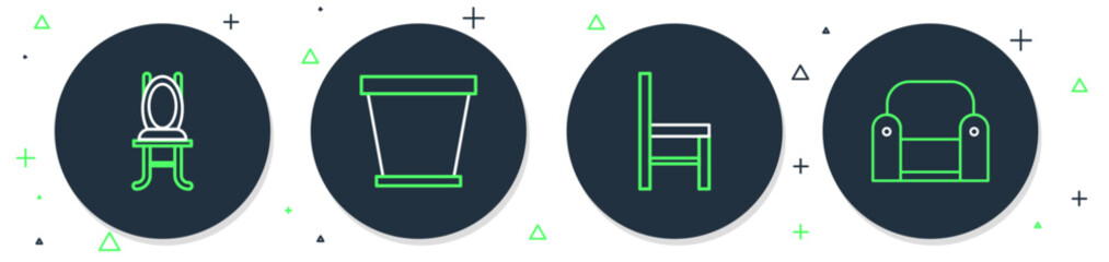 Set line Flower pot, Chair, and Armchair icon. Vector