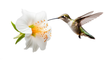 Hummingbird and flower, a hummingbird feeding from a white flower on a transparent background, Generative AI - Powered by Adobe
