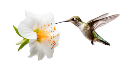 Hummingbird and flower, a hummingbird feeding from a white flower on a transparent background, Generative AI