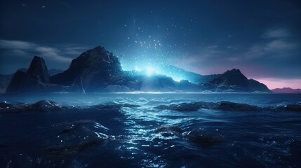 Fantasy neon lights on rocky beach at night