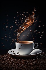 Cup of coffee splashing and coffee beans flying in the air on black background