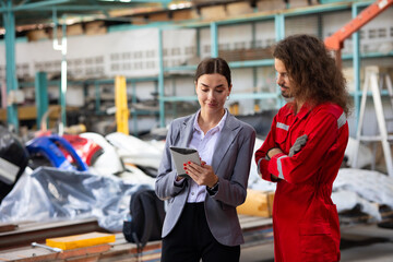  Motor insurance. caucasian man hispanic Accident Inspector Inspect damage car caused by car crash on the road with female customer. Car insurance agent examining car by Claim form clipboard in garage