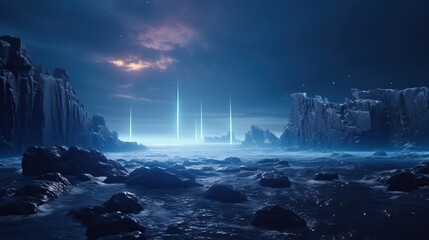 Fantasy neon lights on rocky beach at night