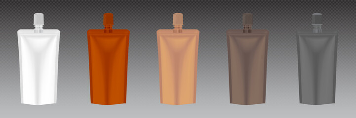 Set of doypack packaging with screw cap. Blank foil drink bags pouches with spout. Ketchup, mayonnaise or mustard. Stand up doy pack mock up set: white, orang, brown and dark brawn. Vector EPS 10.