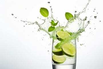 Mojito cocktail with splashes, mint leaves and lime slices flying in the air, white background, copy space
