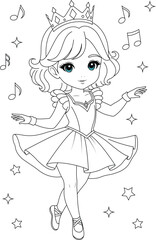 Coloring page a princess is dancing for kids