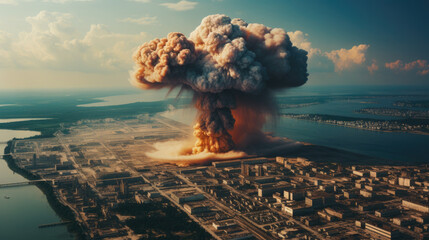 a nuclear bomb in the middle of a city at night, burning fire in the sky,Nuclear Explosion, Mushroom cloud, f a nuclear bomb, aerial view, top view