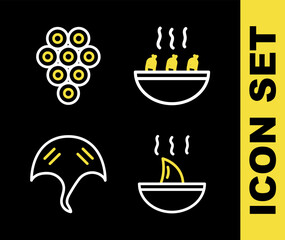 Set line Soup with shrimps, Shark fin soup, Stingray and Caviar icon. Vector