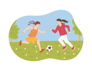 Obraz na płótnie Canvas Girls playing soccer, kicking ball on field playground, children play sport competitive game, vector outdoor activity