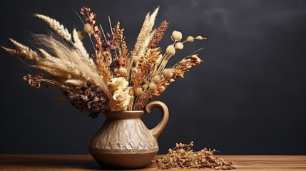 Still life of a bouquet of beautiful dried flowers in a vase on a table with empty space for text